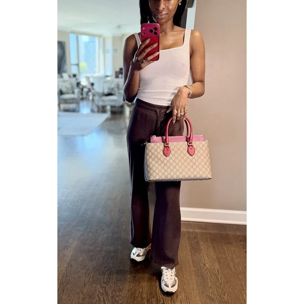 Authentic Gucci GG Supreme Tote Multicolor Pink Leather Top Handle Crossbody